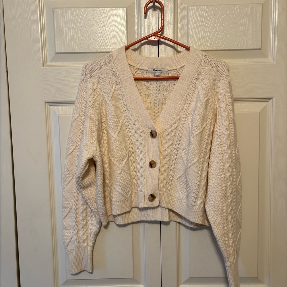 Madewell Cream Cable-Knit Button Cardigan